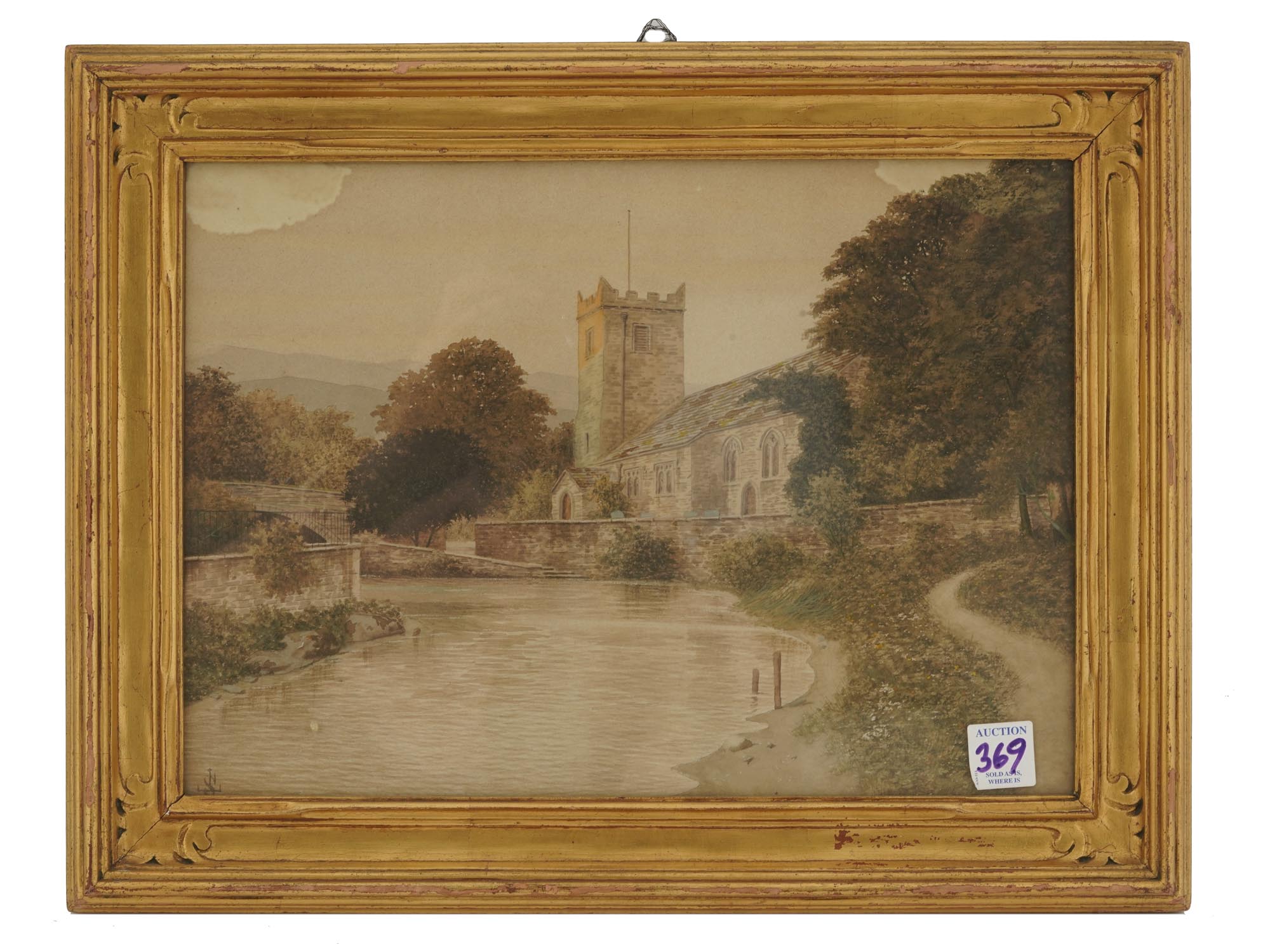 ANTIQUE 19 C WATERCOLOR RIVER LANDSCAPE PAINTING PIC-